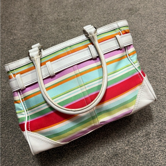 Coach Hampton Multicolor Canvas White Leather Trim Stripes Satchel Tote Bag - Picture 6 of 8